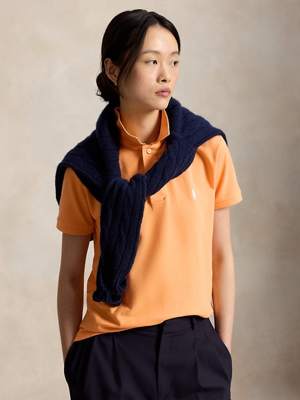 Ralph Lauren Peach-Orange Polo with Navy Knit Shoulder